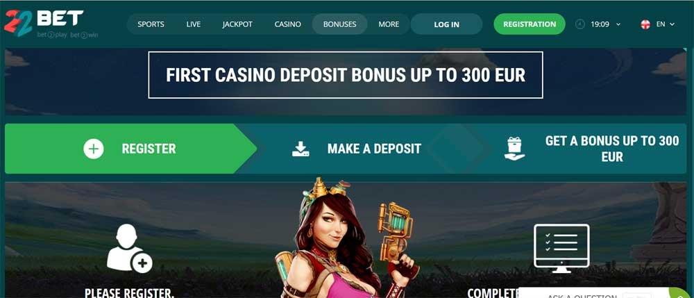 22bet Casino Review homepage screen