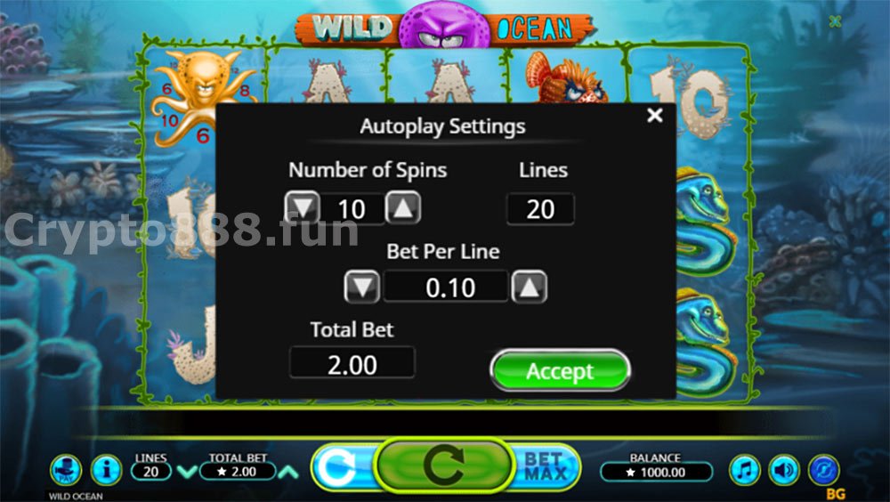 Autoplay settings, number of Spins, Lines, Bet per Line, Total Bet