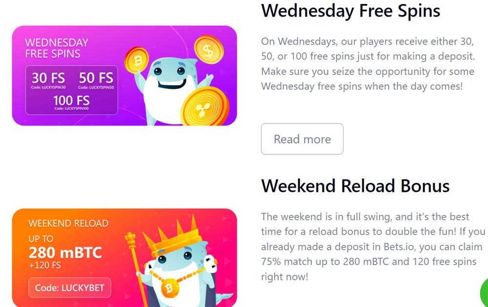 Bets.io Casino Bonuses and promotions : Wednesday Free Spins and Weekend Reload Bonus