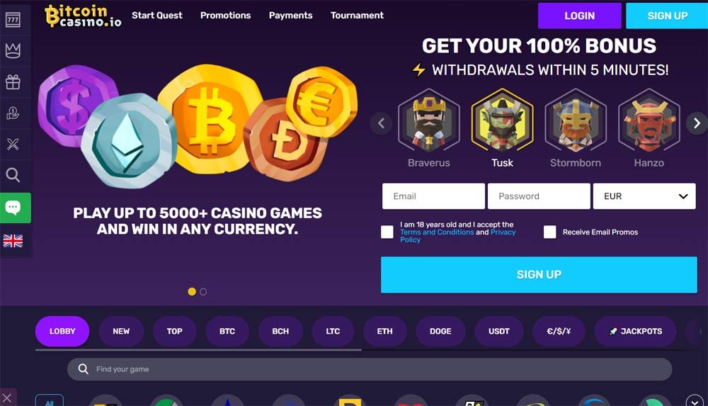 Bitcoin Casino .io Homepage