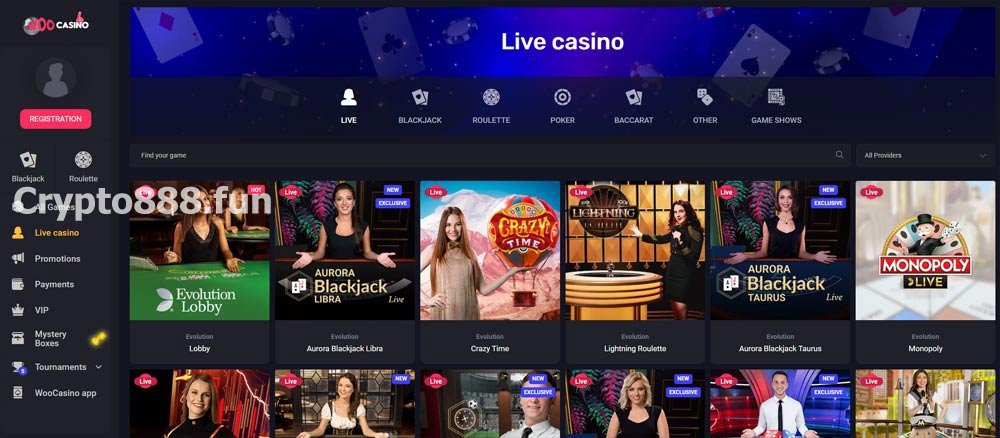 Woo Casino Live Section screenshot